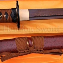 Hand Forged Black&Red Damascus Oil Quenched Full Tang Blade Iron Koshirae Japanese Wakizashi Sword