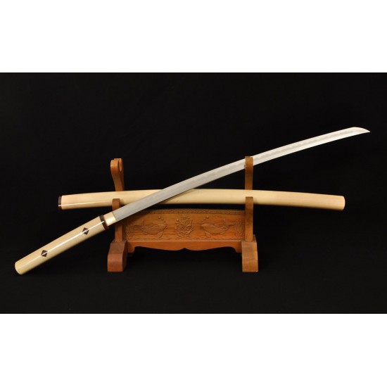Hand Forged Musashi Natural Wood Shirasaya Katana Sword Sharp Blade + Stand  &Bag
