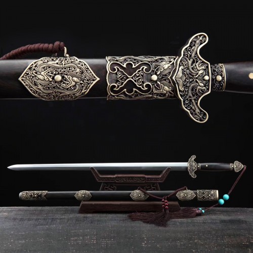 Chinese Dragon Sword Jian Damascus Folded Pattern Steel Blade Brass ...