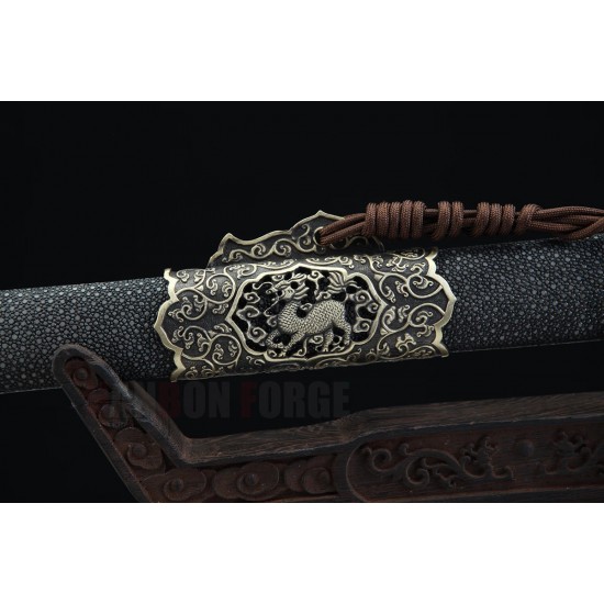 Chinese Kirin Auspicious Tang Jian Folded Steel With Clay Tempered Blade Full Scabbard
